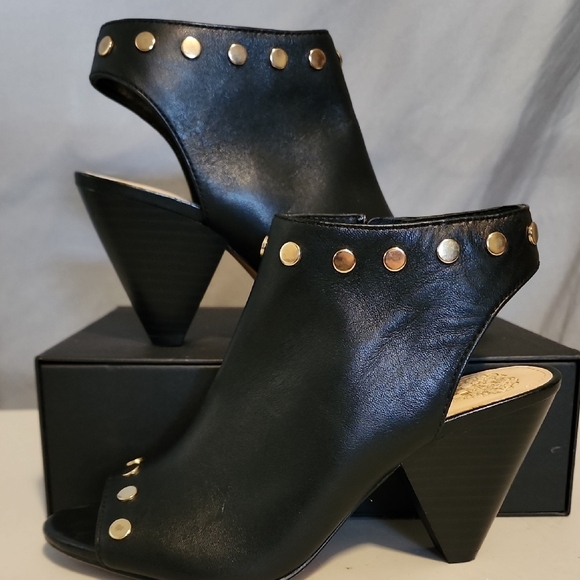 Vince Camuto Black and Gold Heeled Boots with Studded Detailing - Picture 1 of 8